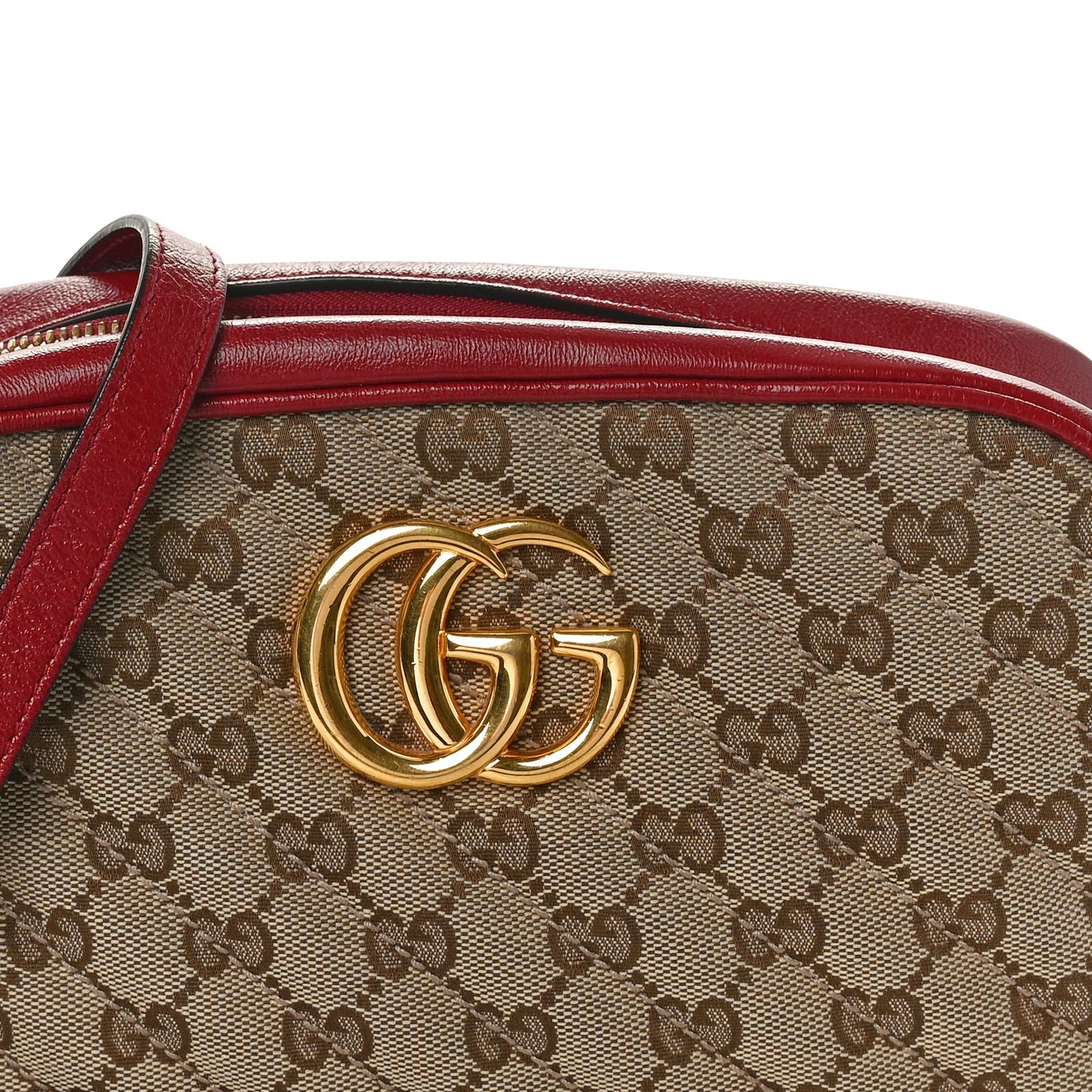 Monogram Azalea Calfskin Matelasse Diagonal Small GG Marmont Chain Shoulder Bag Beige Ebony New Cherry Red