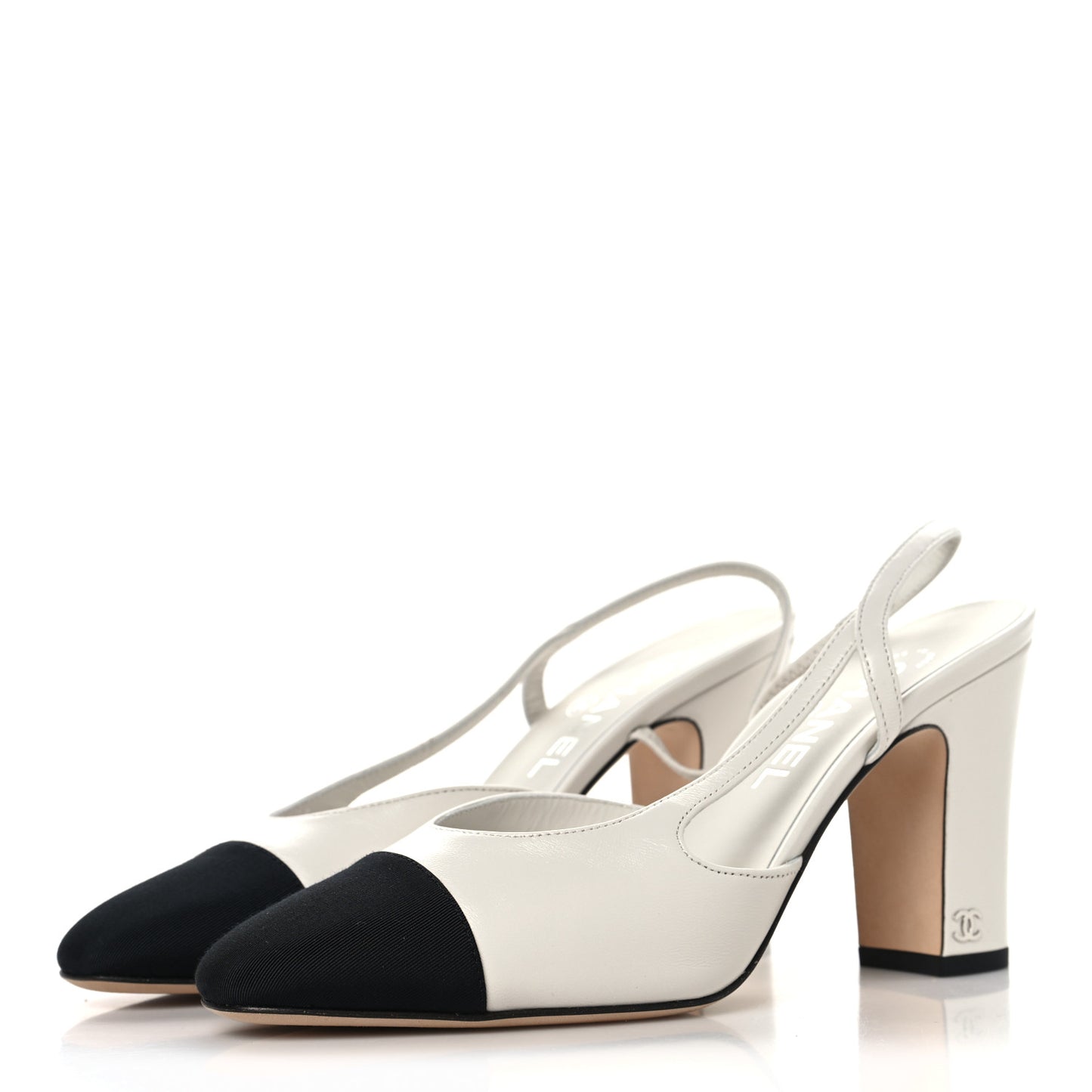Lambskin Grosgrain Cap Toe CC Slingback Pumps 38.5 White Black