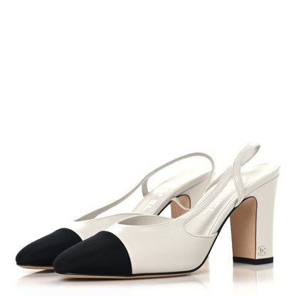 Chanel Lambskin Grosgrain Cap Toe CC Slingback Pumps 38.5 White Black 4 of 9