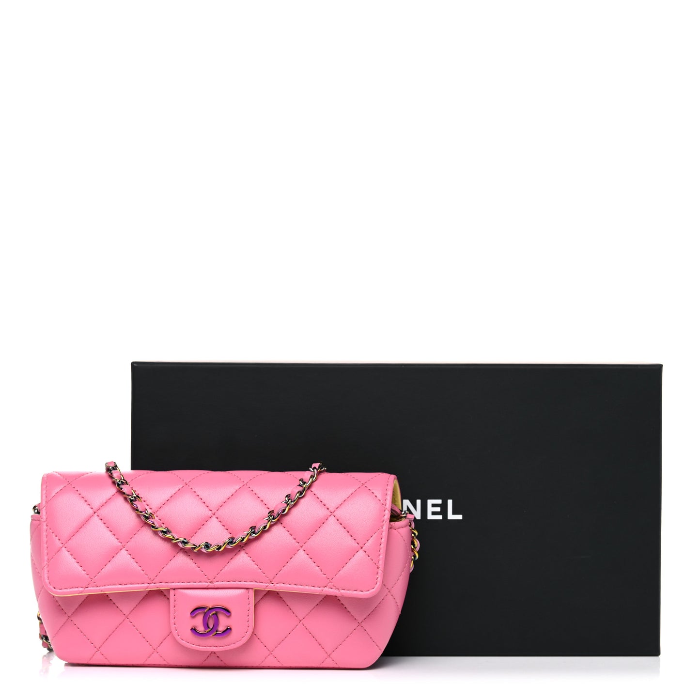 Lambskin Quilted Glasses Case With Chain Pink Yellow