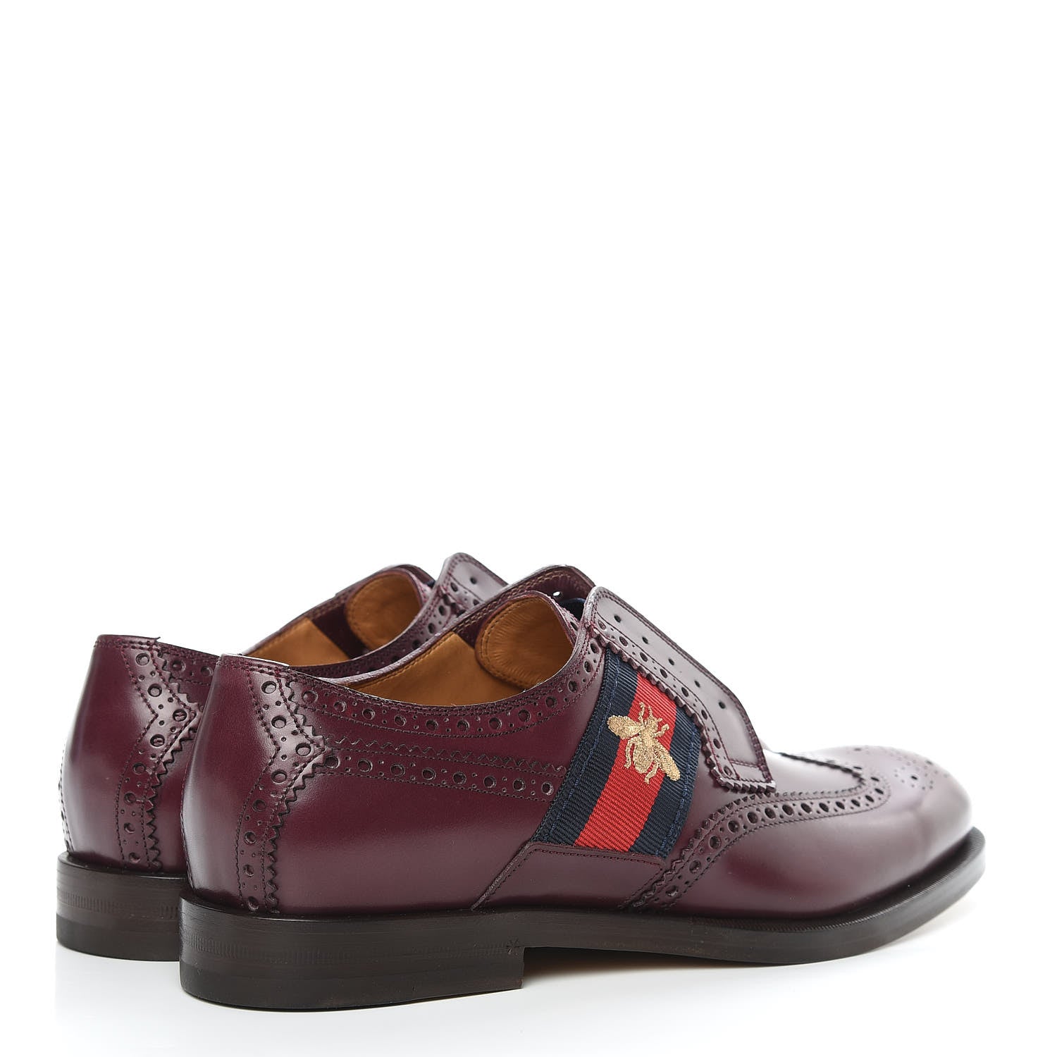 Gucci Calfskin Web Bee Embroidered Mens Slip-On Brogue Wingtip Derby Shoes 7 Bordeaux 4 of 9