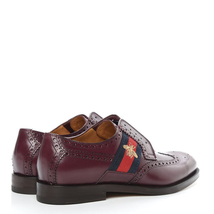 Gucci Calfskin Web Bee Embroidered Mens Slip-On Brogue Wingtip Derby Shoes 7 Bordeaux 4 of 9
