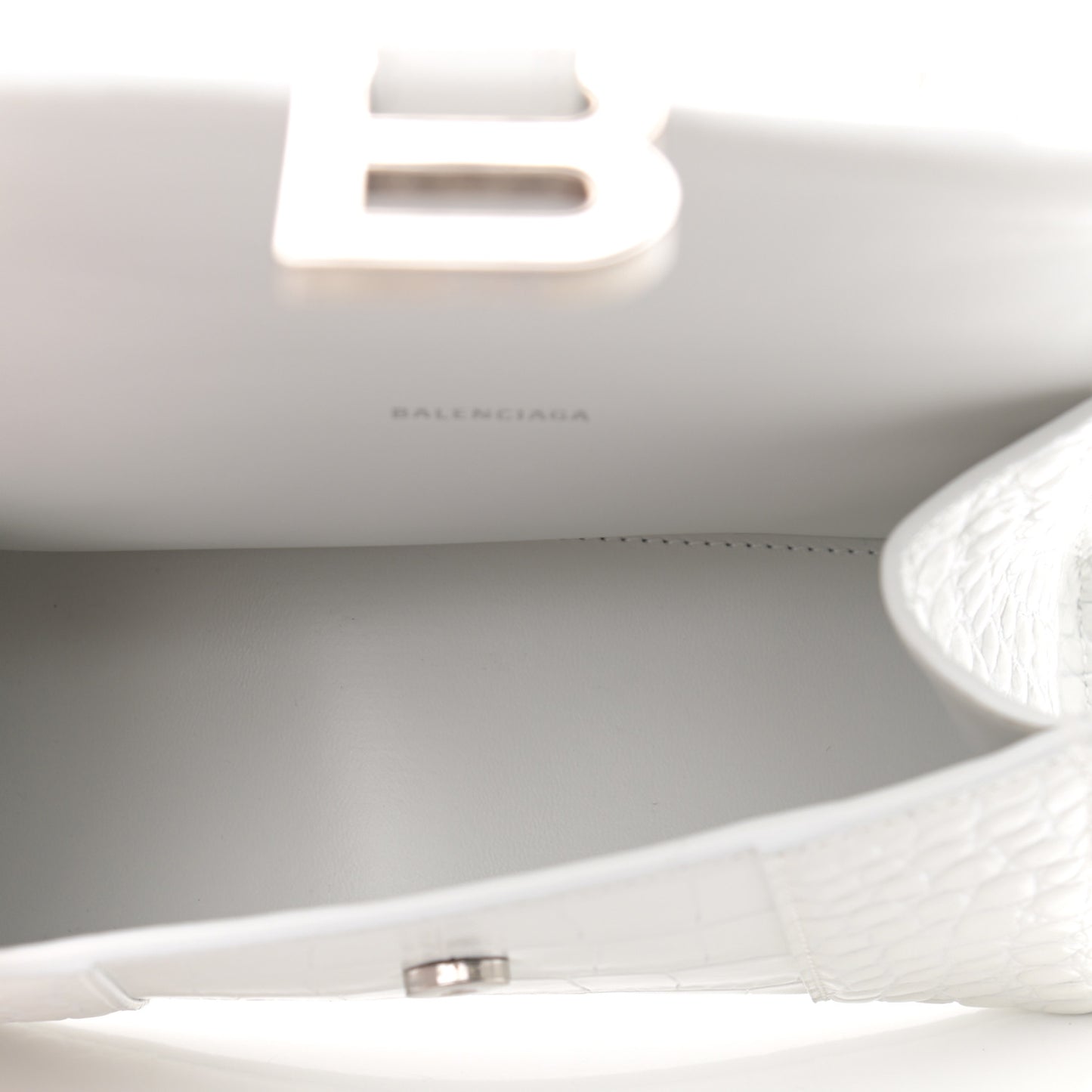 Shiny Calfskin Crocodile Embossed Hourglass Top Handle Bag XS White