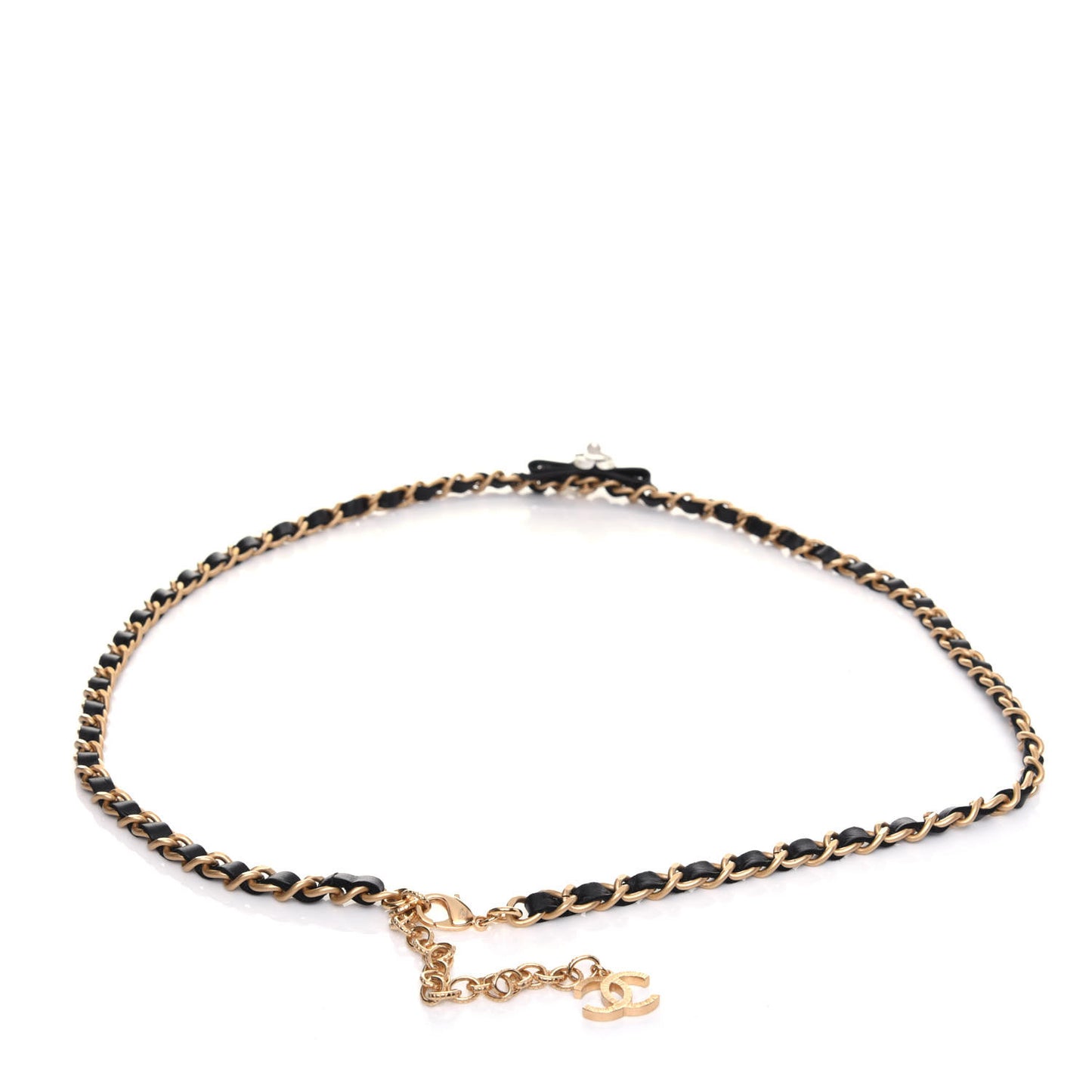 Calfskin Crystal Chain Camellia Belt 90 Black Gold