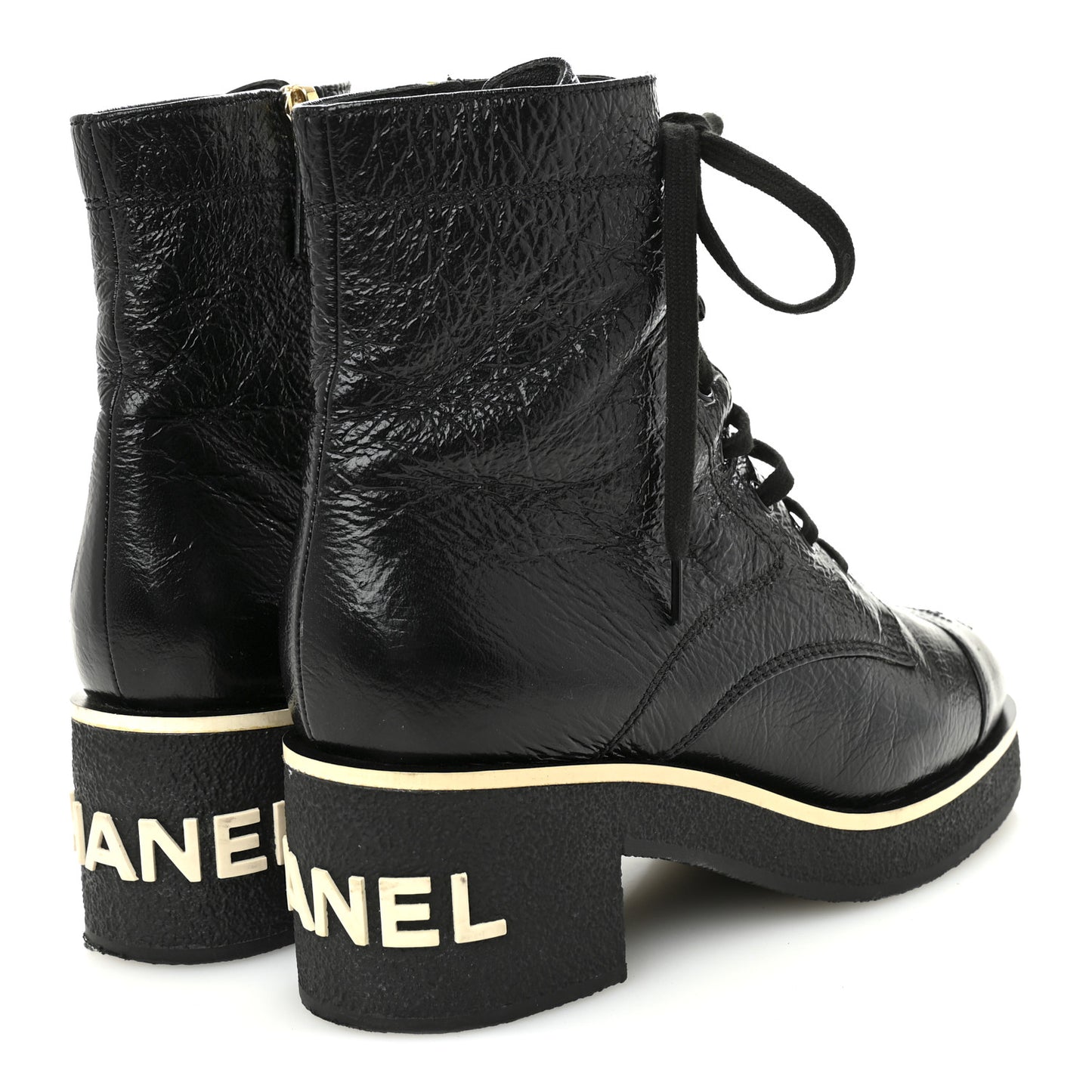 Shiny Crumpled Lambskin Lace Up Combat Boots 37 Black