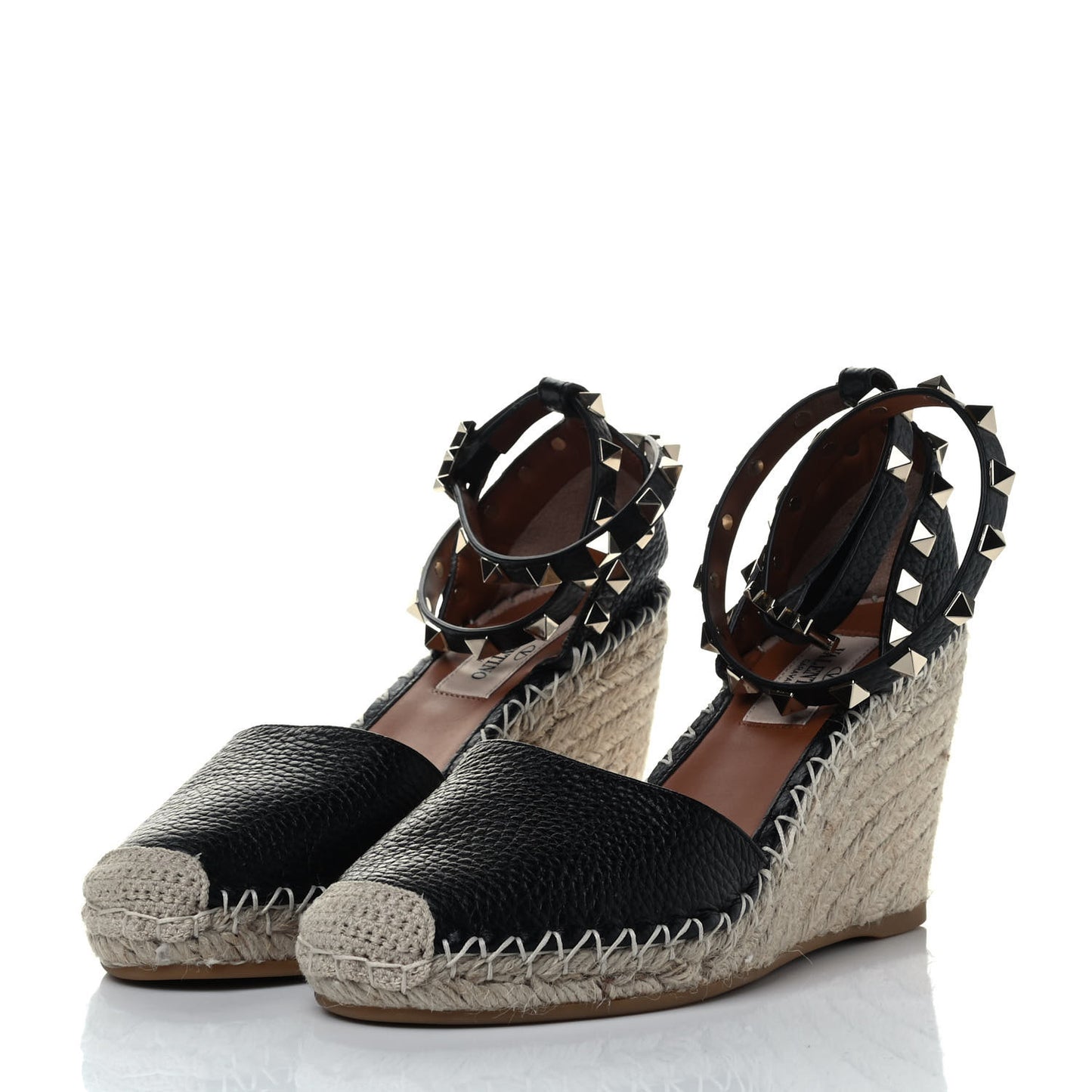 Grained Calfskin Rockstud Ankle Wrap Espadrille 15/85mm Wedges 35 Black Light Cuir