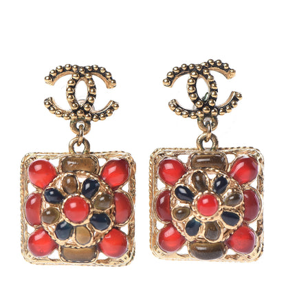 Chanel Gripoix Poured Glass Square CC Drop Earrings Red Blue Gold 1 of 4