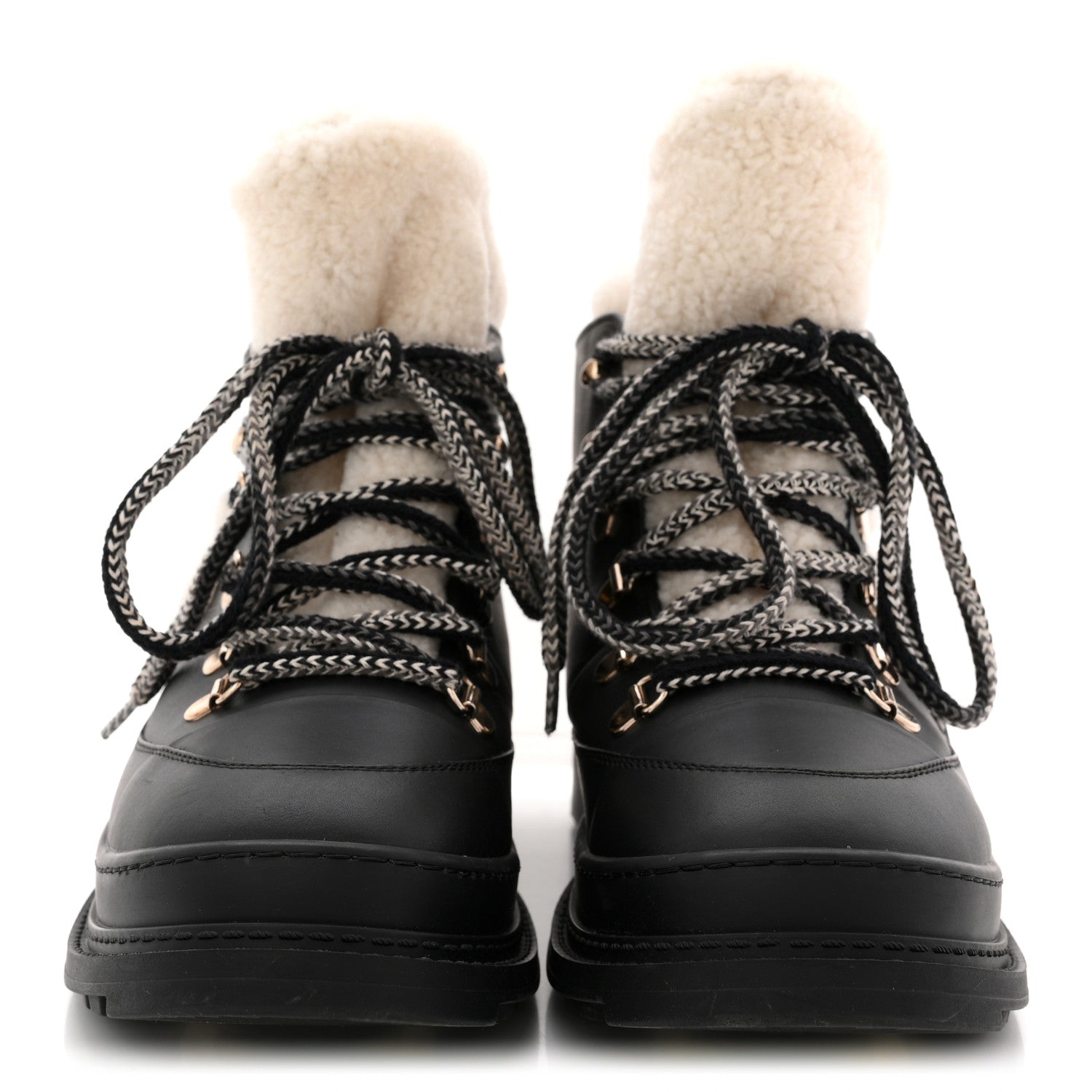 Chanel Calfskin Shearling CC Lace Up Boots 38.5 Black 1860897