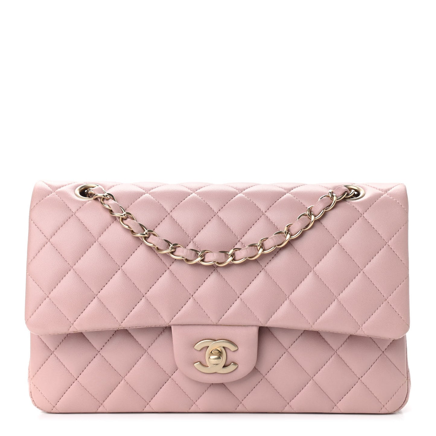 Lambskin Quilted Medium Double Flap Light Pink
