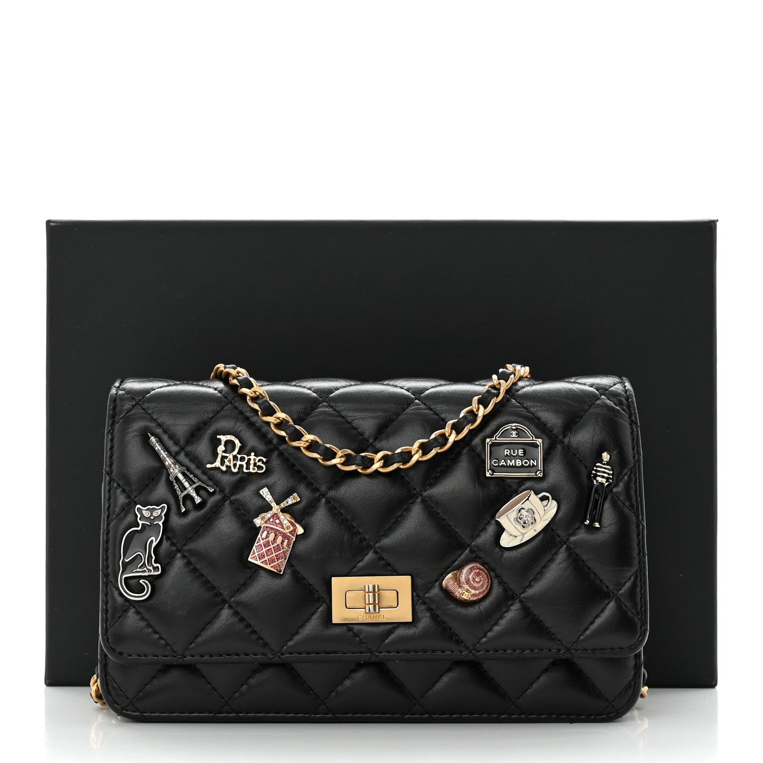 Chanel Aged Calfskin Quilted Lucky Charms 2.55 Reissue Wallet On Chain WOC Black 15 of 15