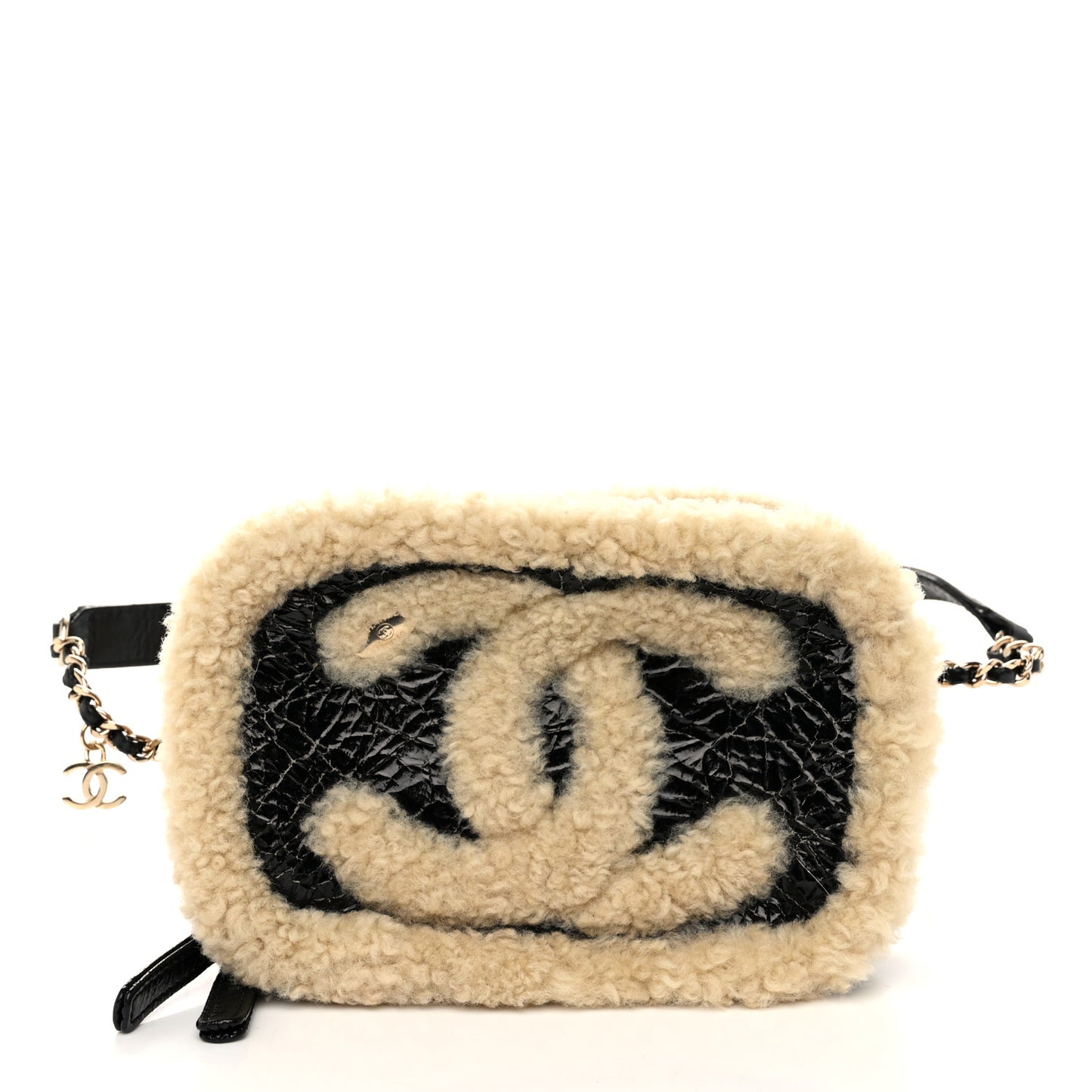 Shiny Crumpled Sheepskin Shearling Waist Bag Black Beige