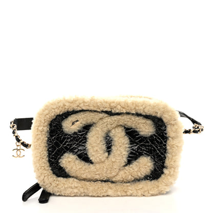 Chanel Shiny Crumpled Sheepskin Shearling Waist Bag Black Beige 1 of 10