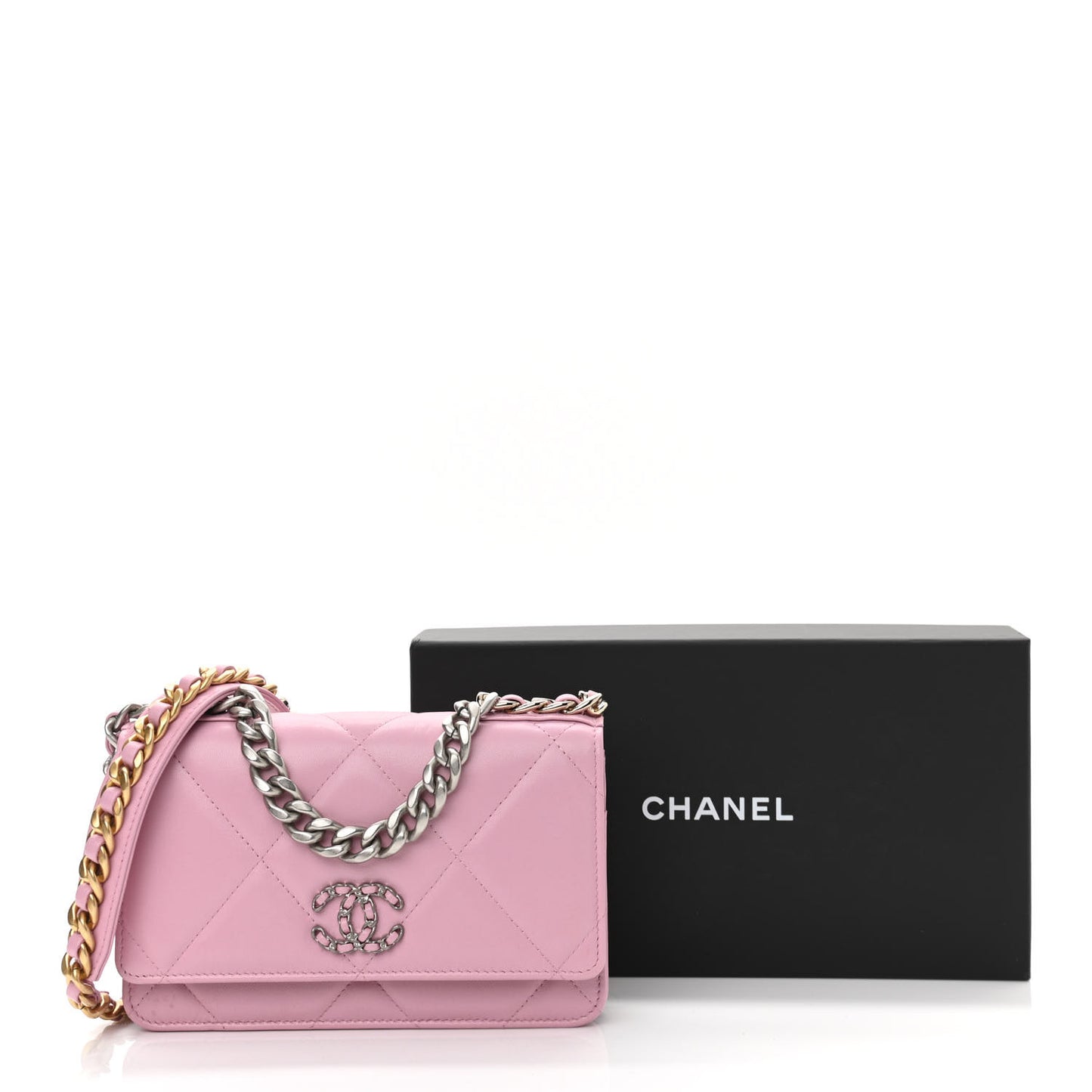 Lambskin Quilted Chanel 19 Wallet On Chain WOC Dark Pink