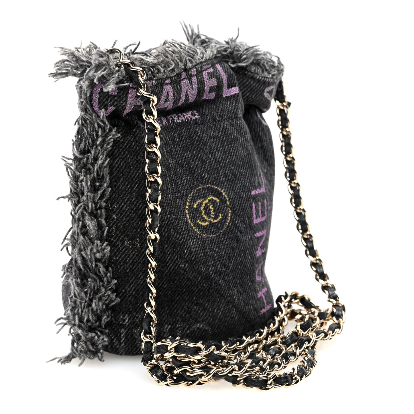 Denim Quilted Mood Bucket With Chain Black Multicolor