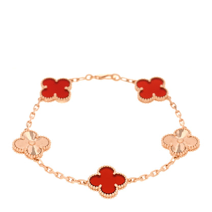 Van Cleef & Arpels 18K Rose Gold Carnelian 5 Motifs Guilloche Vintage Alhambra Bracelet 1 of 5
