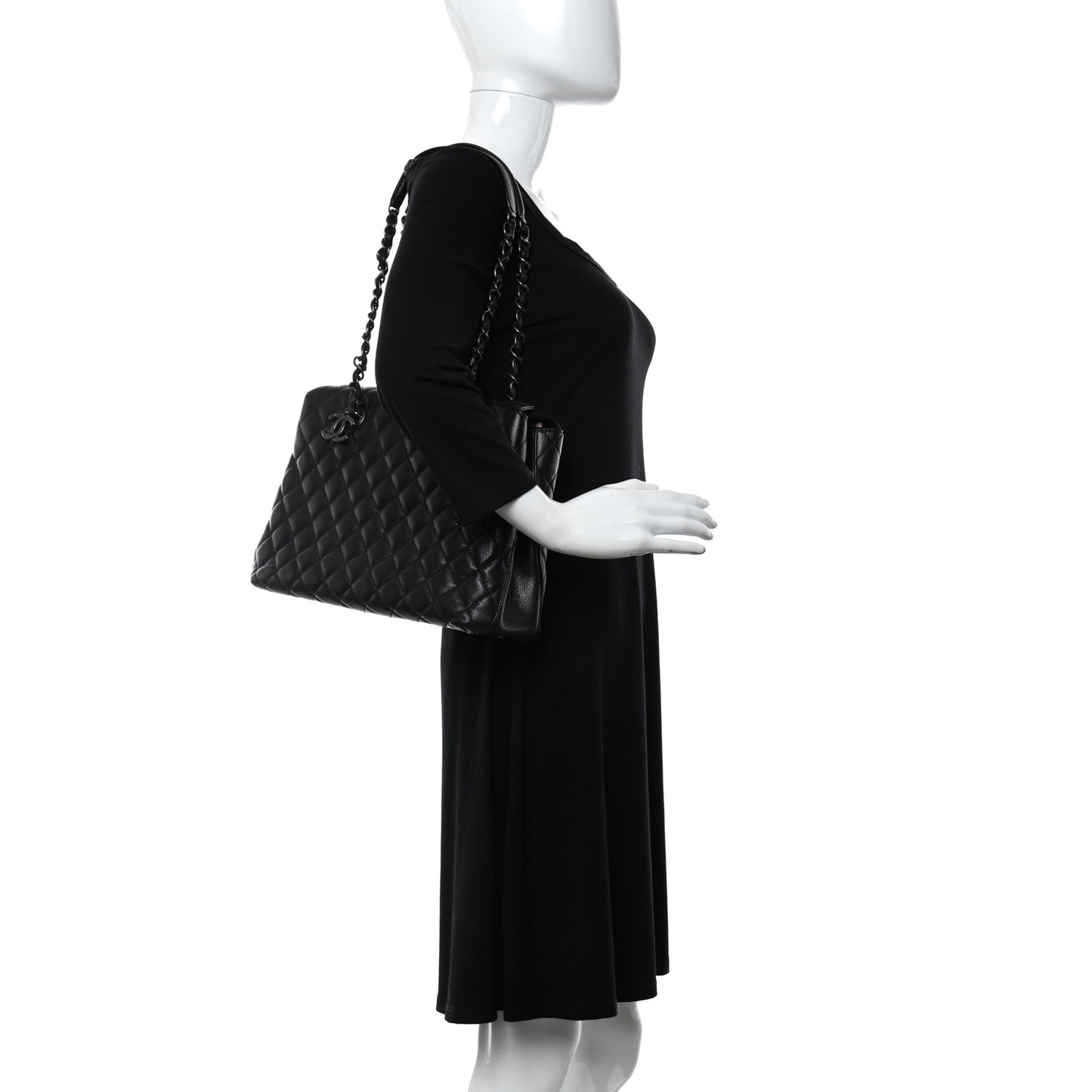 Caviar Quilted Small City Shopping Tote Black