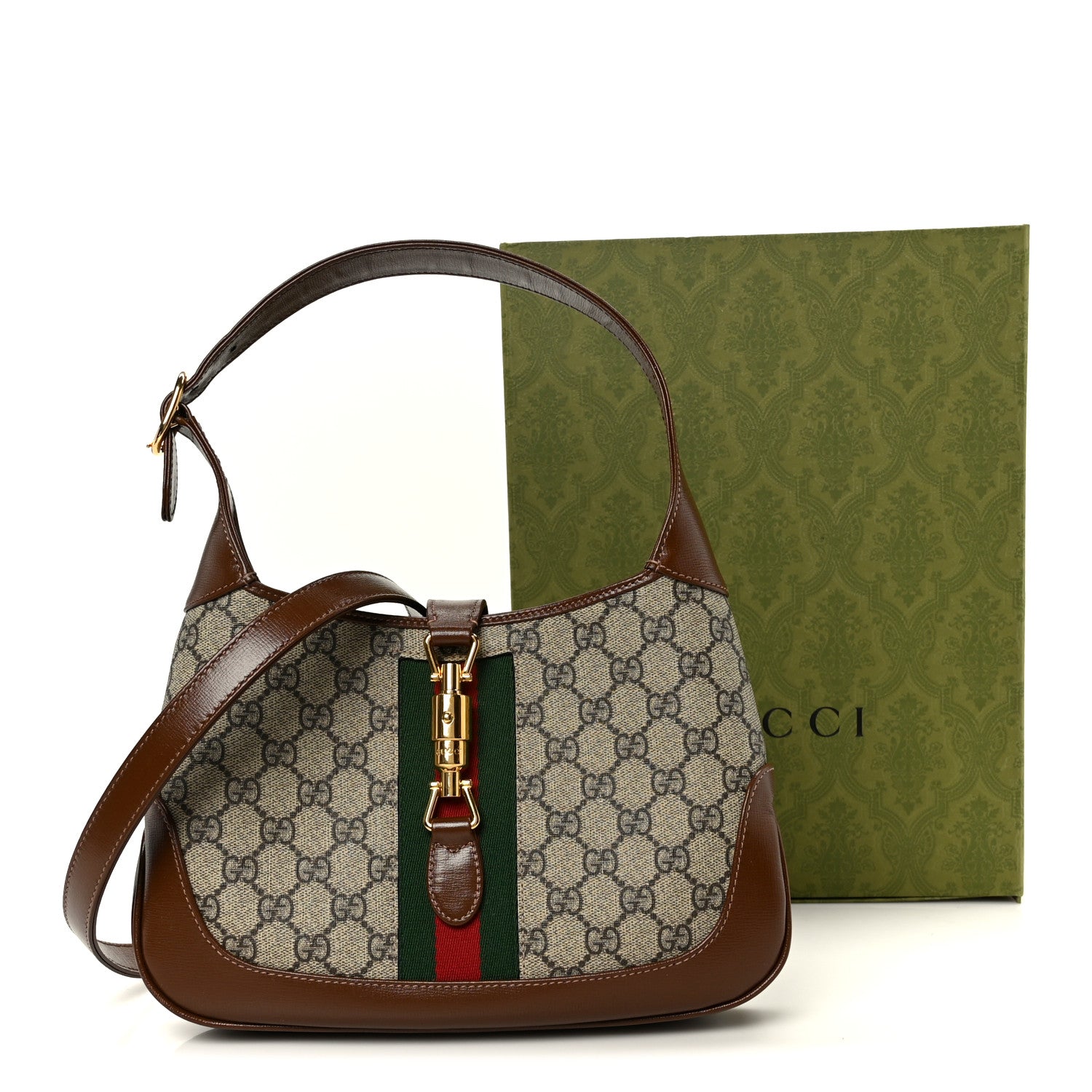 Gucci GG Supreme Monogram Azalea Calfskin Web Small Jackie 1961 Hobo Beige Ebony Brown Sugar Beige Ebony Brown Sugar 12 of 12