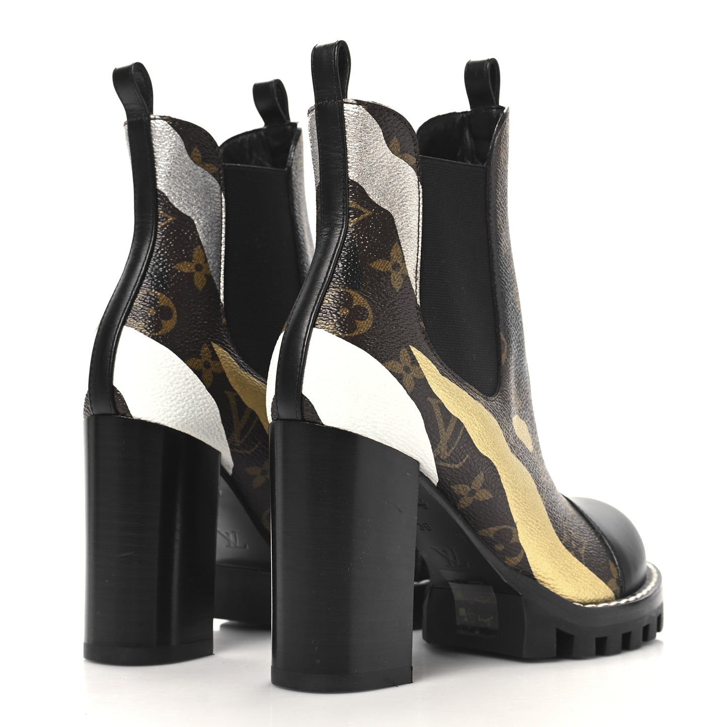 X LOL Patent Calfskin Monogram Star Trail Chelsea Ankle Boots 36 Gold Silver