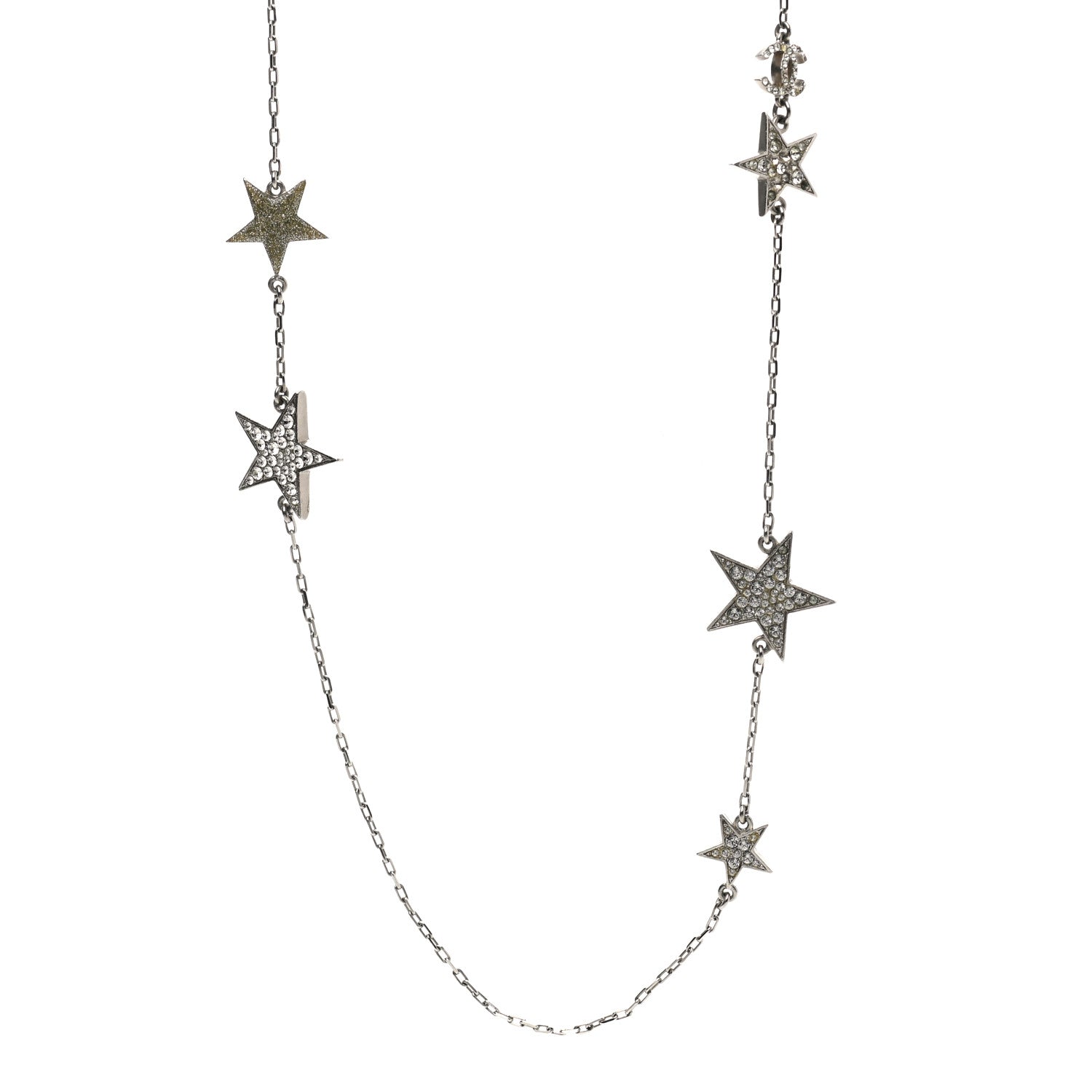 Chanel Crystal Star CC Long Necklace Silver 1 of 9