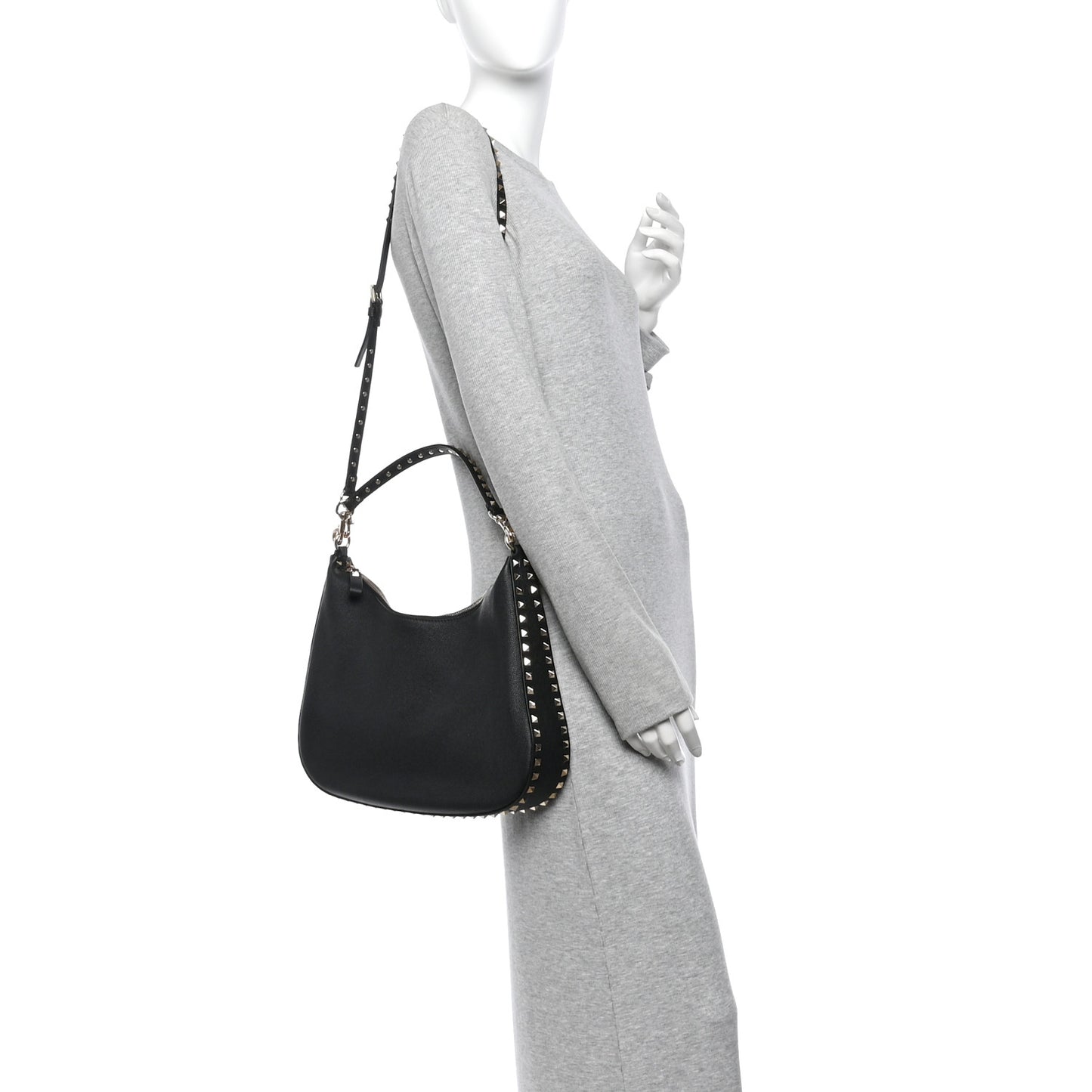 Grained Calfskin Rockstud Hobo Bag Black