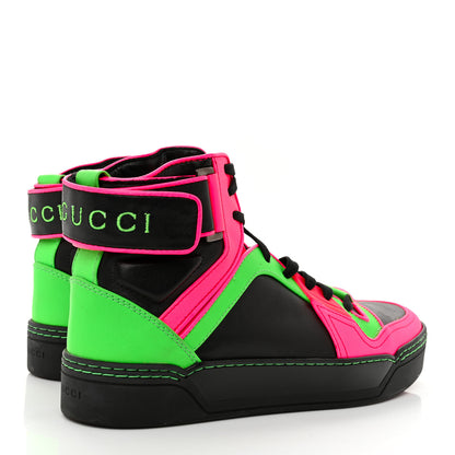 Gucci Calfskin Womens Neon High Top Sneakers 37 Black Neon Green Pink 3 of 14
