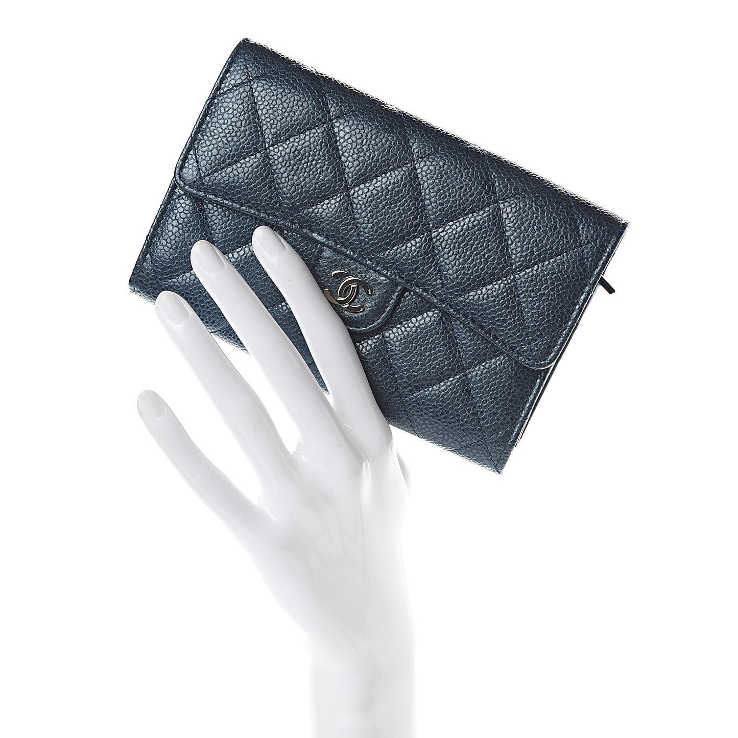 Metallic Caviar Quilted Medium Flap Wallet Dark Blue
