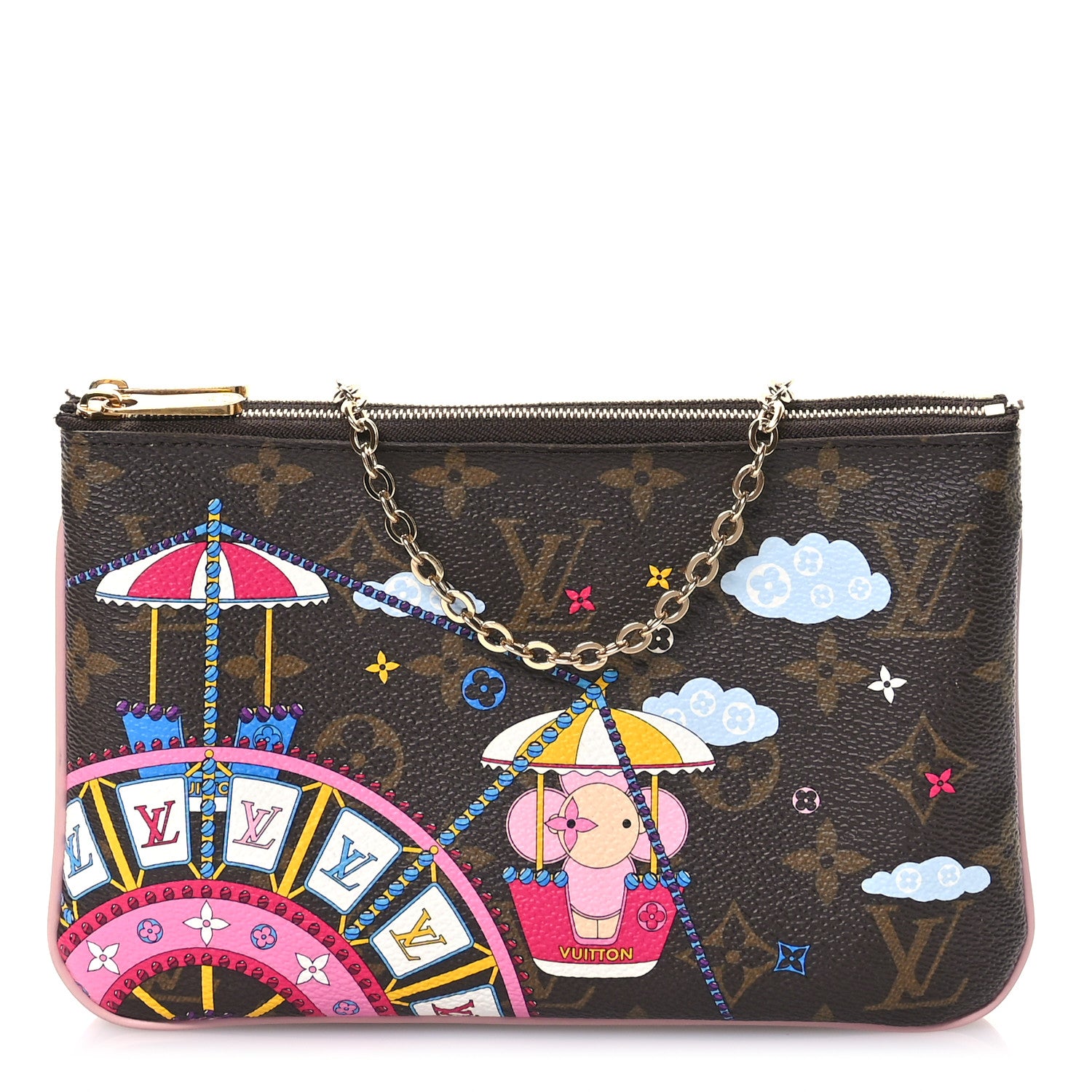 Louis Vuitton Monogram 2020 Christmas Animation Big Wheel Double Zip Pochette Rose Ballerine 1 of 12
