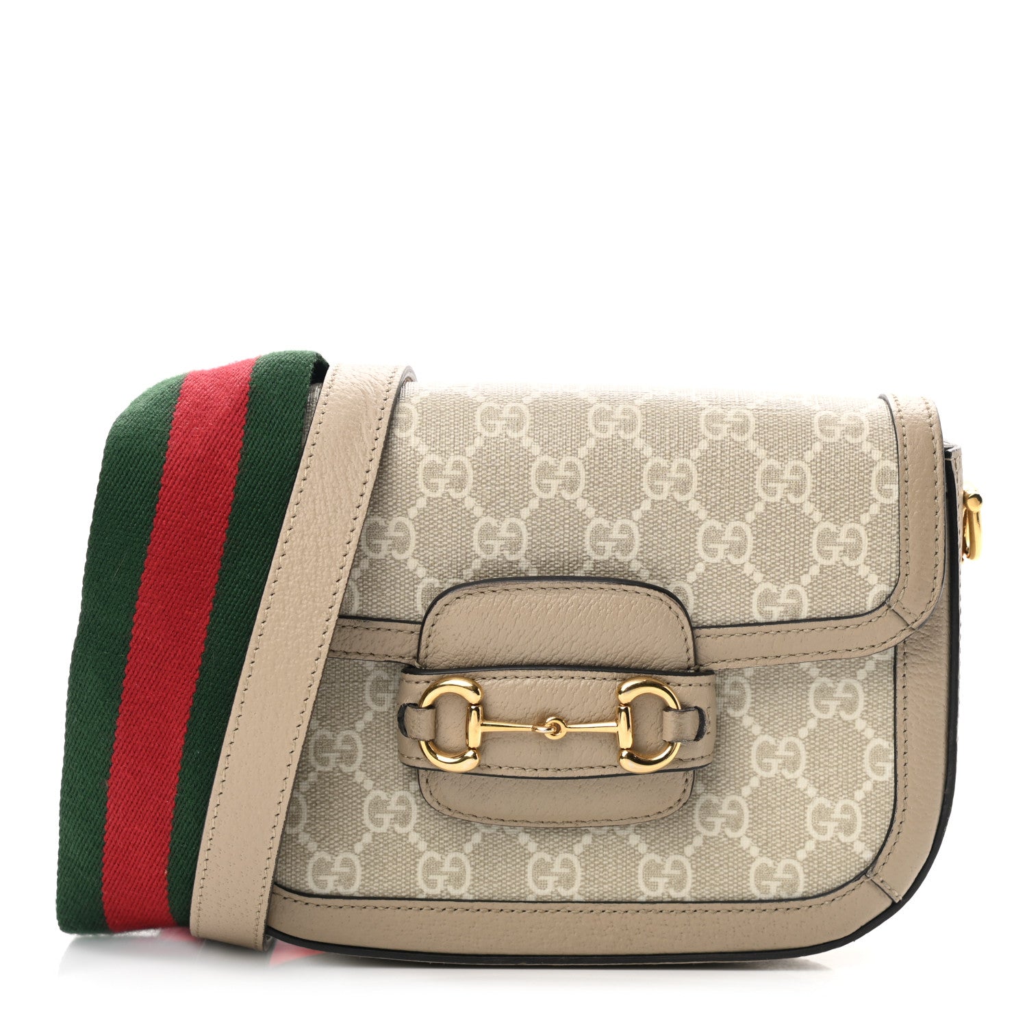 Gucci GG Supreme Monogram Textured Dollar Calfskin Web Mini Horsebit 1955 Shoulder Bag Beige Mystic White Oatmeal 1 of 8