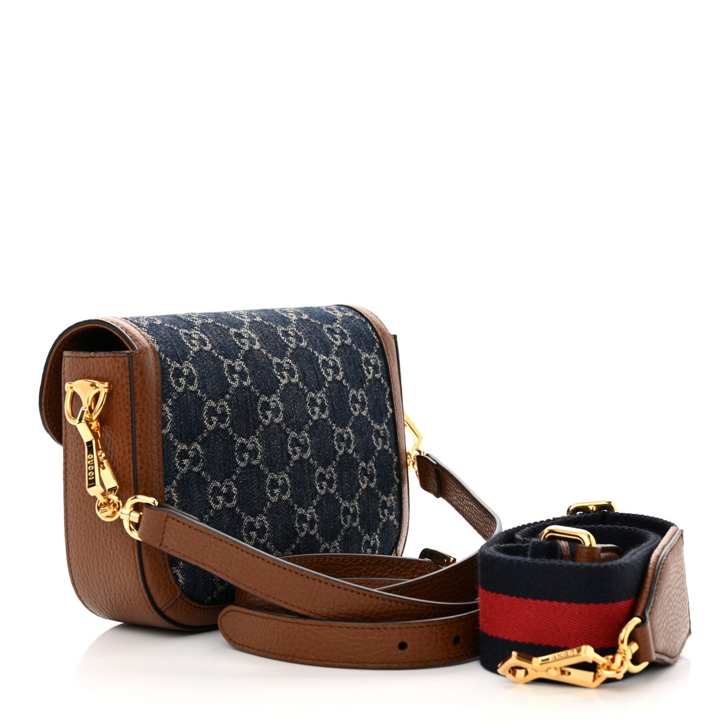 New Denim GG Monogram Dollar Calfskin Web Mini Horsebit 1955 Shoulder Bag Blue Tea Cuir Epilog