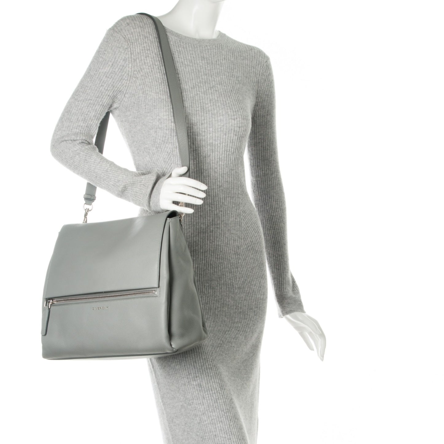 Grained Calfskin Medium Pandora Pure Flap Bag Pearl Grey