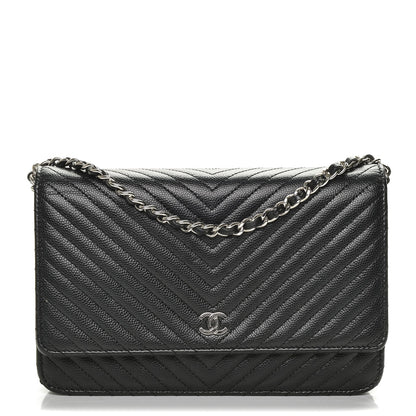 Chanel Caviar Chevron Quilted Wallet On Chain WOC Black 1 of 9