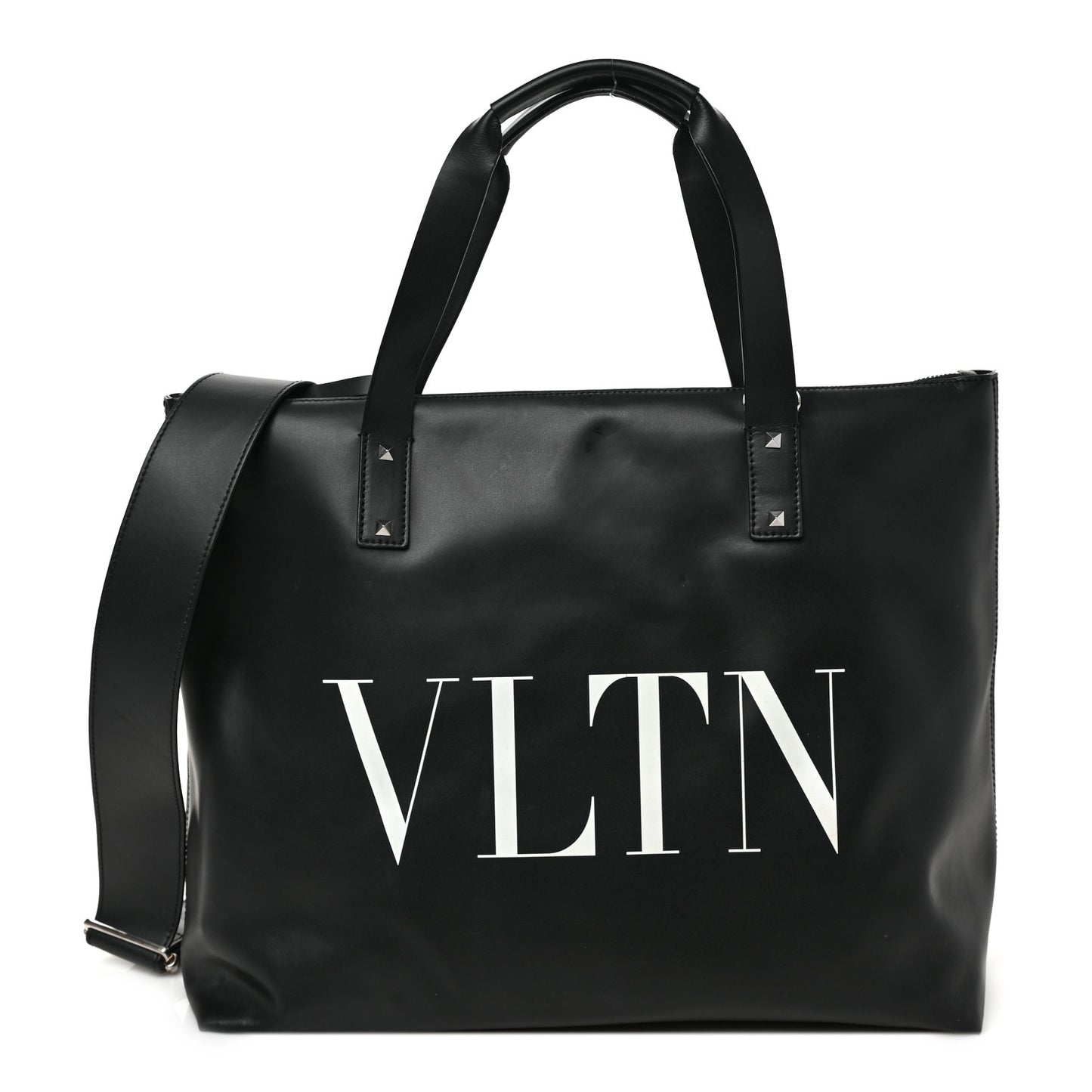 Calfskin VLNT Print Rockstud Top Handle Messenger Tote Black