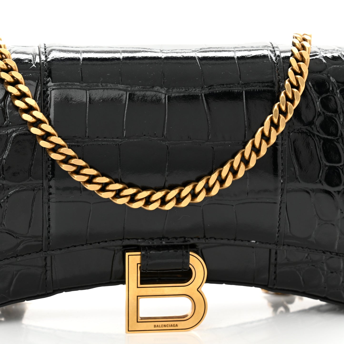 Shiny Calfskin Crocodile Embossed Hourglass Chain Bag Black