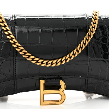Balenciaga Shiny Calfskin Crocodile Embossed Hourglass Chain Bag Black 6 of 9