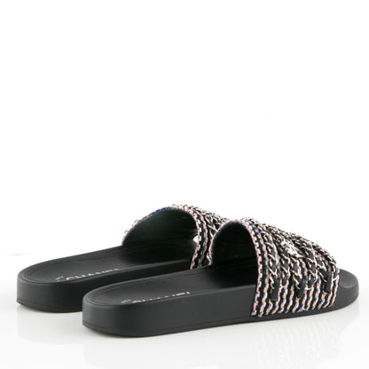 Chanel Tweed Lambskin Chain Flat Sandals 37 Black Multicolor 4 of 7