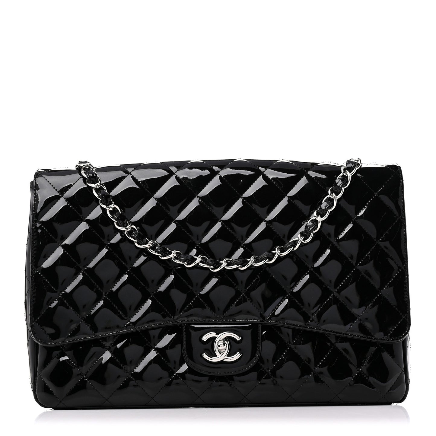 Patent Calfskin Sparkle Quilted Maxi Single Flap Black