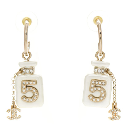 Chanel Pearl Resin Crystal CC No 5 Perfume Bottle Drop Earrings Gold Pearly White 1 of 4