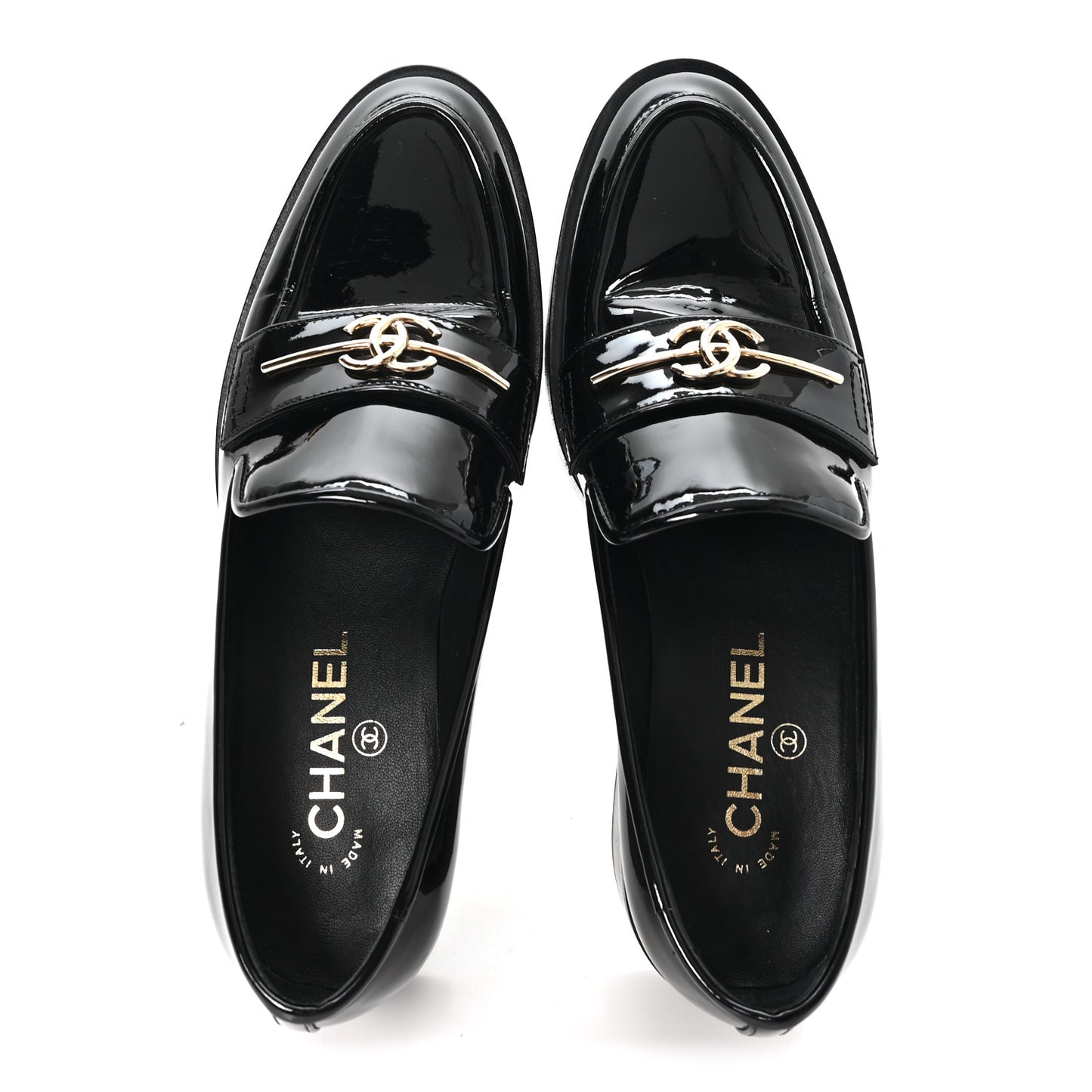 Patent Calfskin Metal CC Mocassin Loafers 38.5 Black