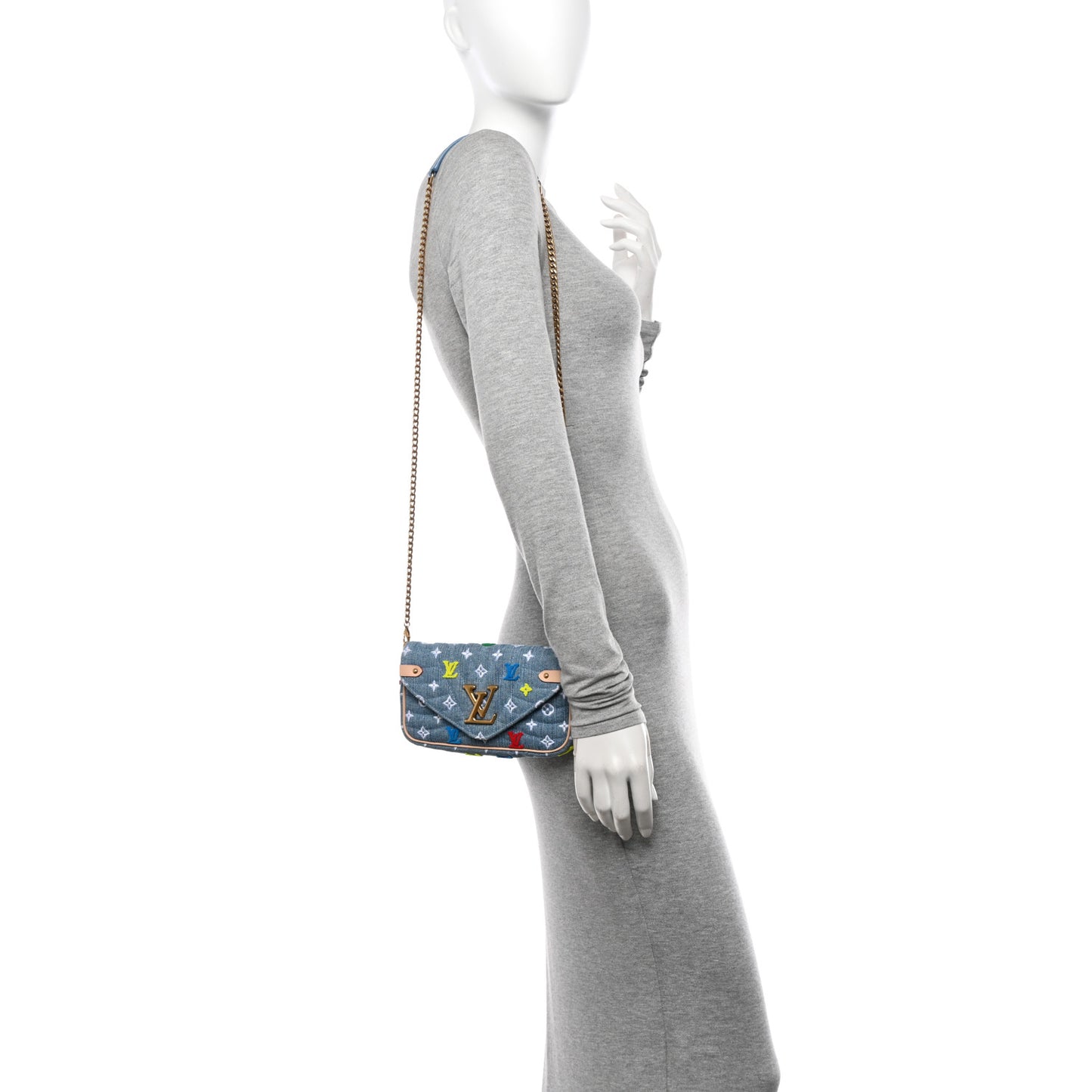 Embroidered Monogram Denim New Wave Chain Pochette Blue