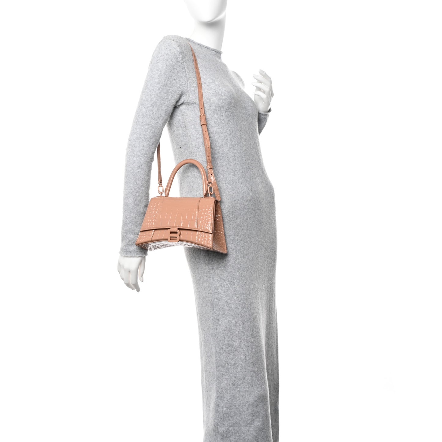 Shiny Calfskin Monochrome Crocodile Embossed Small Hourglass Top Handle Bag Nude Beige