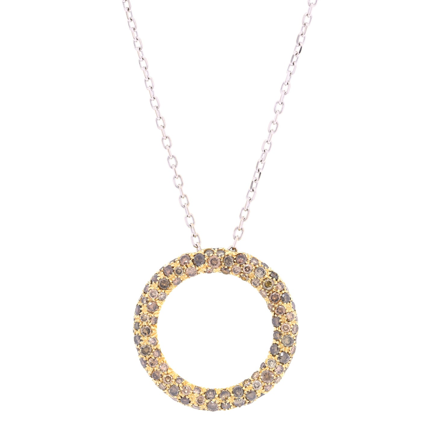 18K Yellow White Gold Brown Diamond Circle Pendant Necklace