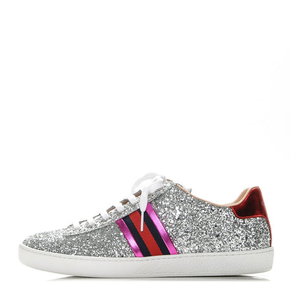 Gucci Glitter Web Ace Sneakers 38.5 Silver 1 of 8
