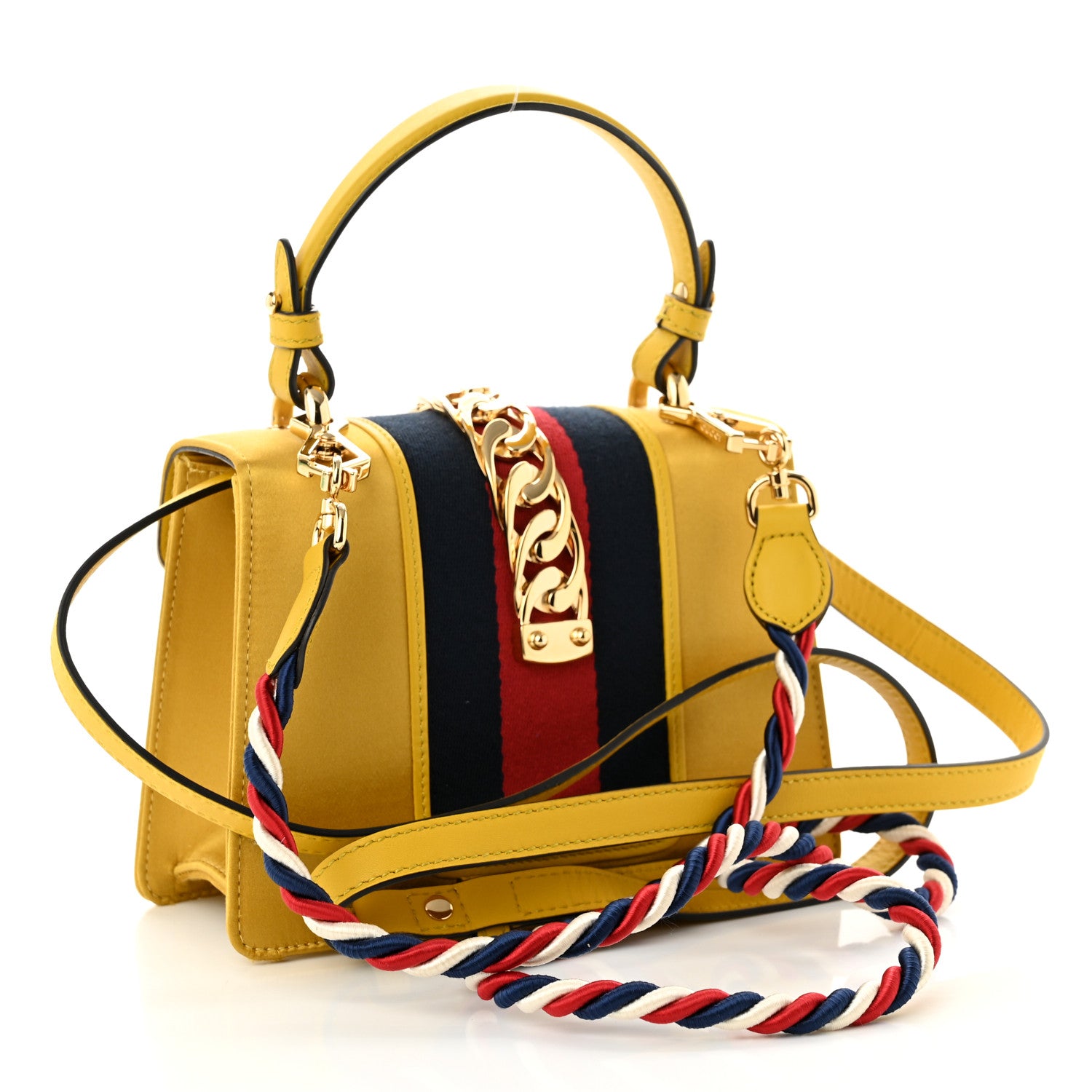 Gucci Satin Crystal Mini Sylvie Top Handle Bag Yellow 3 of 10