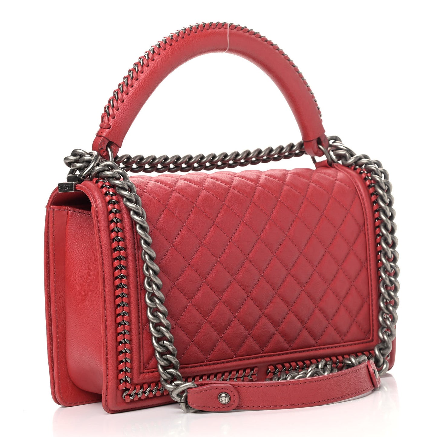 Calfskin Quilted New Medium Boy Top Handle Flap Red