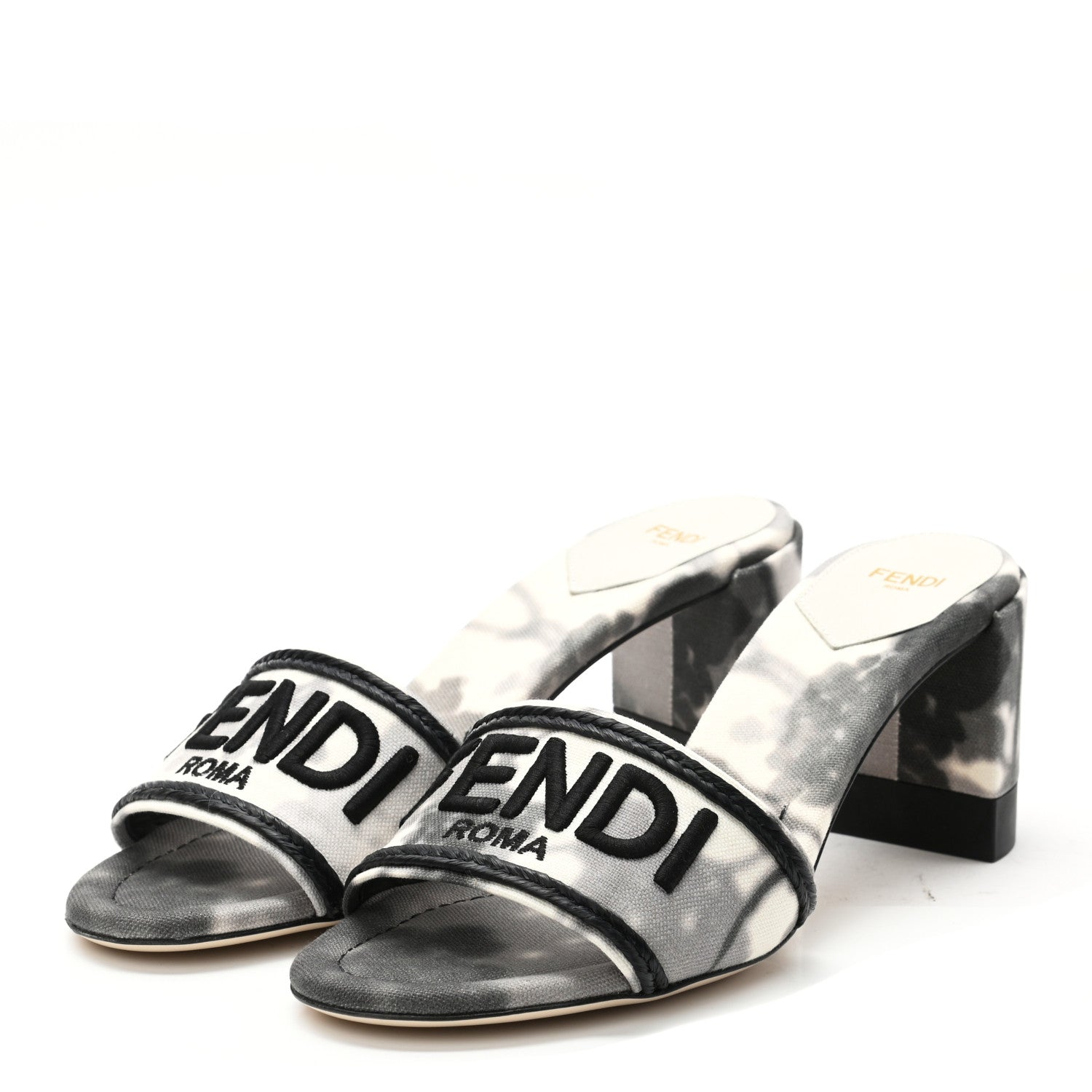 Fendi Canvas Floral Print Logo Mid-Heel Slide Sandals 40 Black White 3 of 7