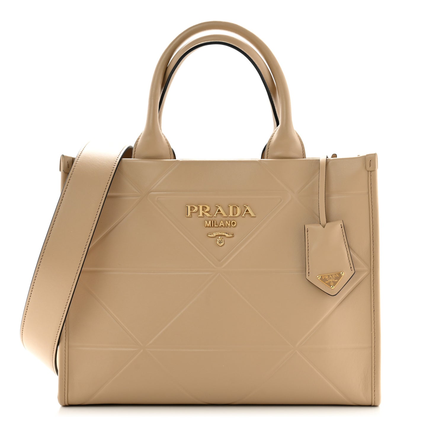 Soft Calfskin Triangolo Symbole Embossed Small Tote Beige Khaki