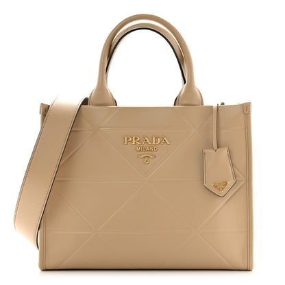 Prada Soft Calfskin Triangolo Symbole Embossed Small Tote Beige Khaki 1 of 9