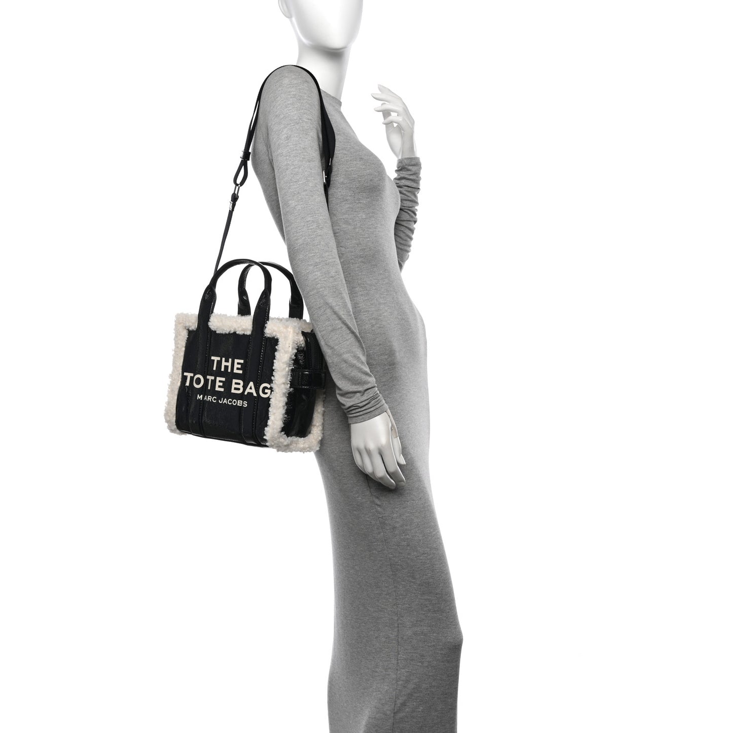 Shiny Calfskin Faux Shearling Mini The Traveler Tote Bag Black