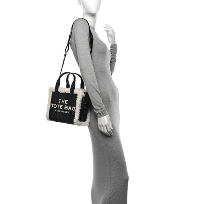 Marc Jacobs Shiny Calfskin Faux Shearling Mini The Traveler Tote Bag Black 2 of 10