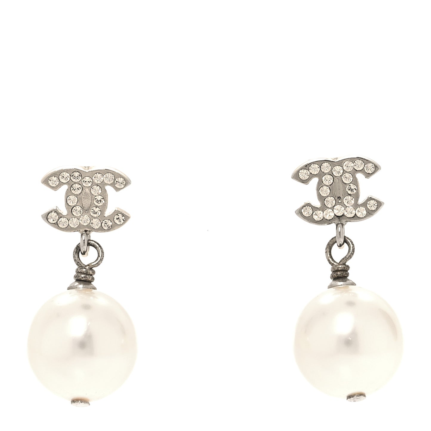 Crystal Pearl CC Drop Earrings Silver Pearly White